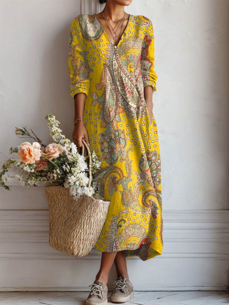Xanthe | Women's Abstract Print Linen Midi Dress – Yellow
