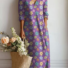 Xanthe | Women's Abstract Print Linen Midi Dress – Purple Floral