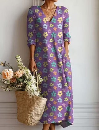 Xanthe | Women's Abstract Print Linen Midi Dress – Purple Floral