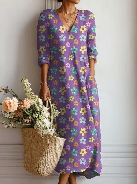 Xanthe | Women's Abstract Print Linen Midi Dress – Purple Floral