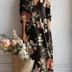 Xanthe | Women's Abstract Print Linen Midi Dress – Black