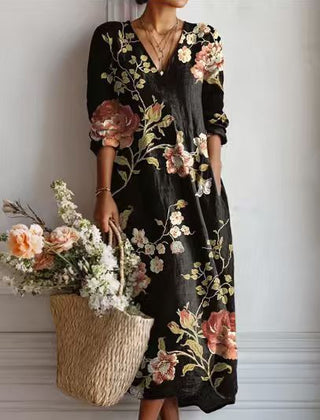Xanthe | Women's Abstract Print Linen Midi Dress – Black