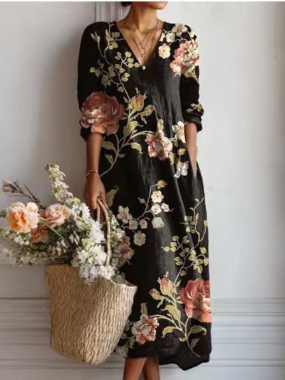 Xanthe | Women's Abstract Print Linen Midi Dress – Black