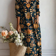 Xanthe | Women's Abstract Print Linen Midi Dress – Dark Blue