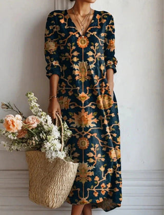 Xanthe | Women's Abstract Print Linen Midi Dress – Dark Blue