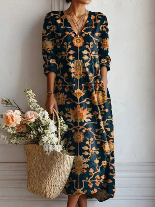 Xanthe | Women's Abstract Print Linen Midi Dress – Dark Blue