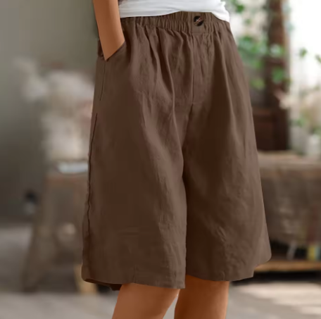 Jemima | Relaxed Linen Shorts with Side Pockets – Brown