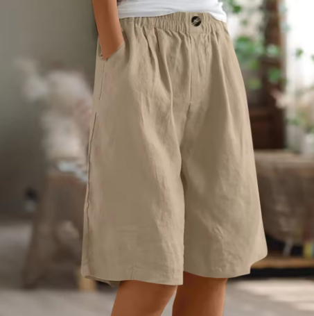 Jemima | Relaxed Linen Shorts with Side Pockets – Khaki
