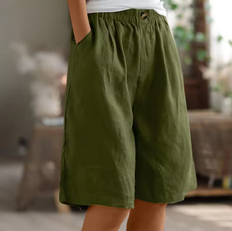 Jemima | Relaxed Linen Shorts with Side Pockets – Army Green