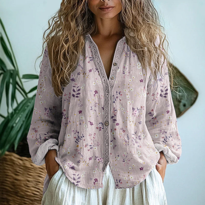 Carys | Retro Leaf Print Blouse – Pink