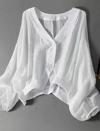 Phoebe | Linen Blend Button Blouse – White