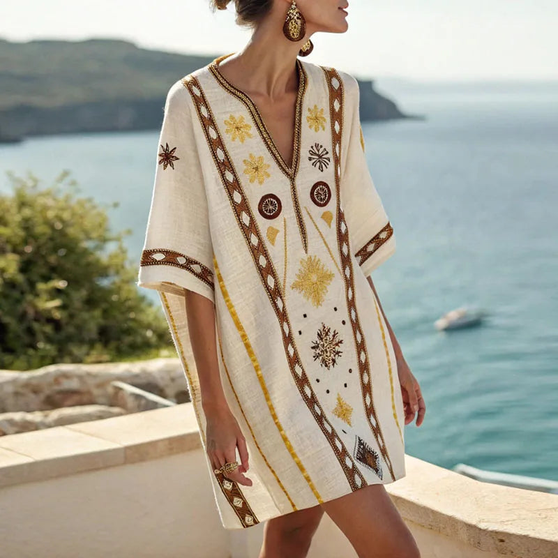 Edie | Women's Floral Dress in Warm Tones – Yellow & Brown Print