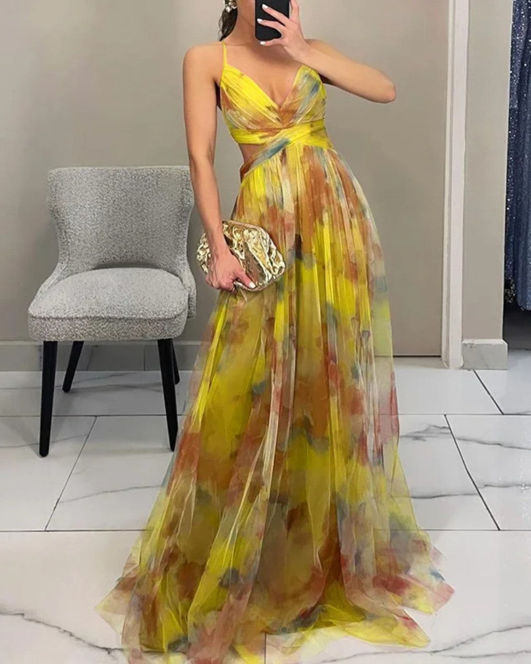 Evangeline | Floral Print Maxi Dress – Yellow