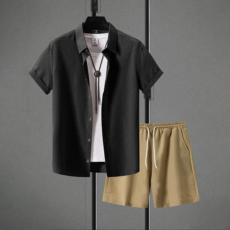 Tobin | Button-Up Summer Shorts Set – Black