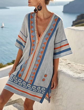Evie | Floating Maxi Dress with V-Neck – Blue & Orange Print