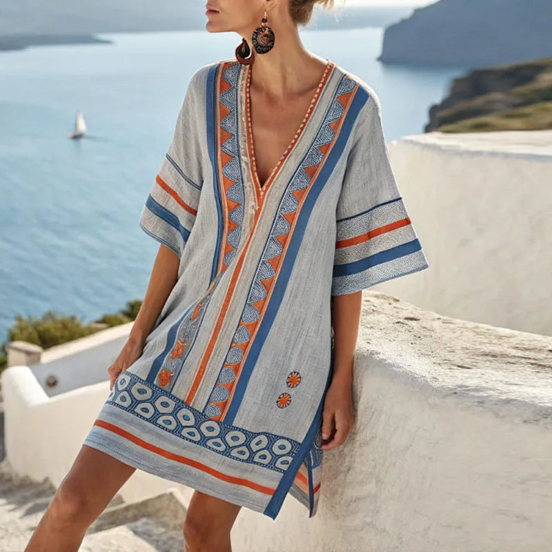 Evie | Floating Maxi Dress with V-Neck – Blue & Orange Print