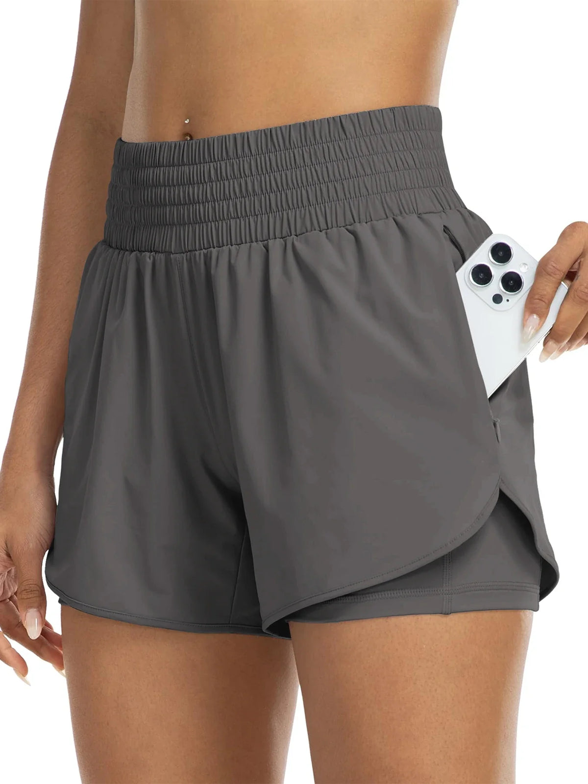 Poppy | High-Waisted Track Shorts with Pockets – Dark Grey