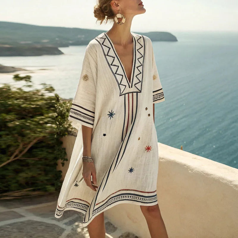 Posy | Women's Versatile Floral Dress – Rust Blue & Gold Print