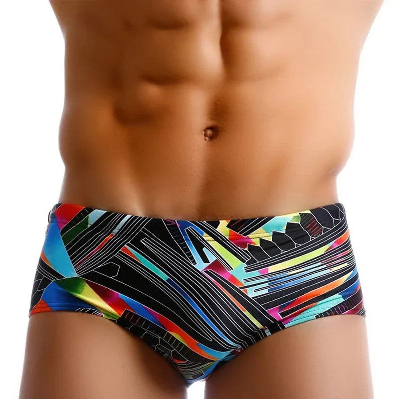 Jem | Retro Swim Briefs for Pool and Beach – Black Multi Stripe
