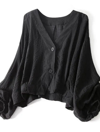 Phoebe | Linen Blend Button Blouse – Black