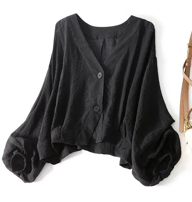 Phoebe | Linen Blend Button Blouse – Black