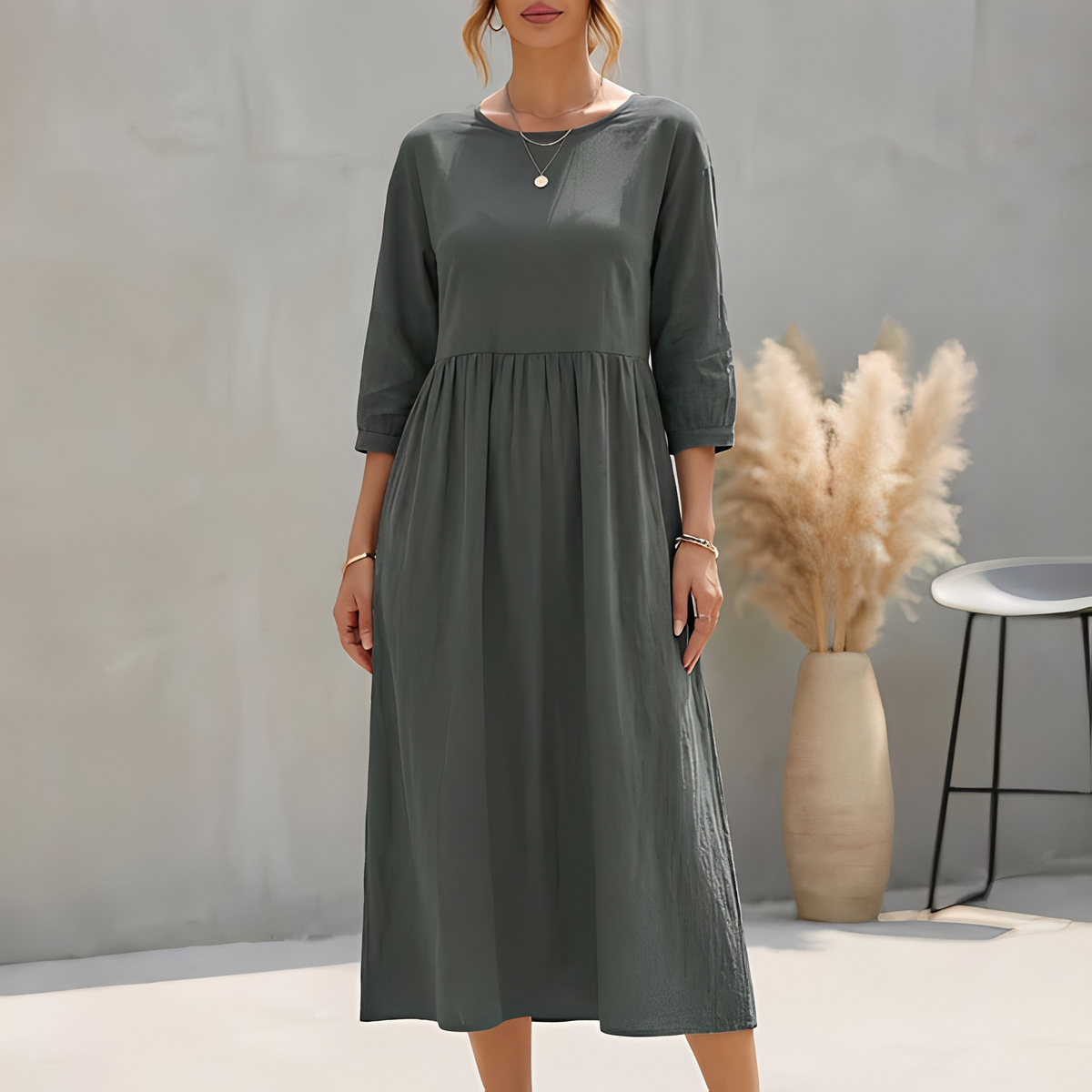 Elinor | Empire Waist Midi A-Line Sundress – Grey