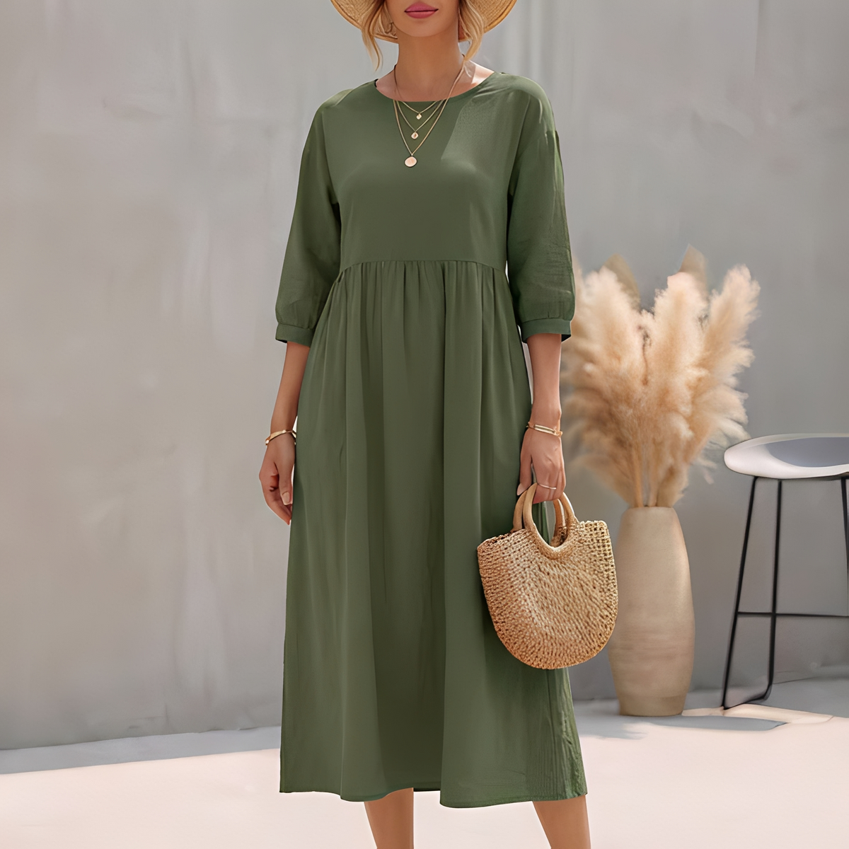 Elinor | Empire Waist Midi A-Line Sundress – Green