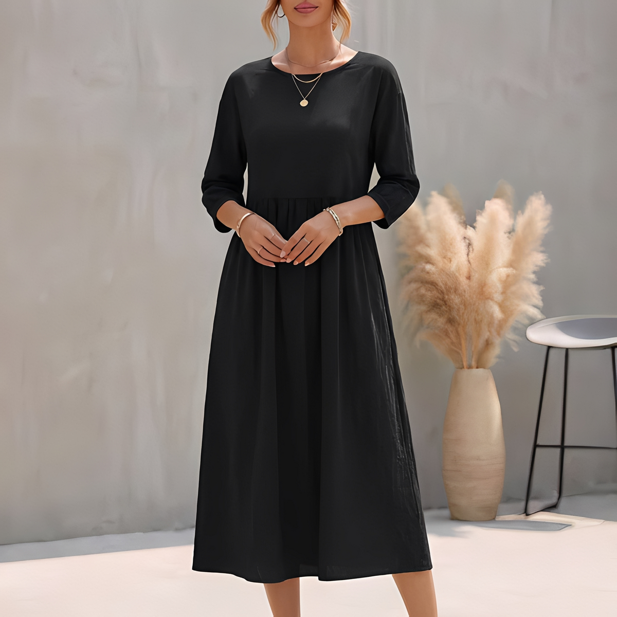 Elinor | Empire Waist Midi A-Line Sundress – Black