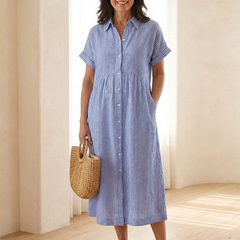 Rosamund | Gathered Waist Linen Midi Dress – Sky Blue