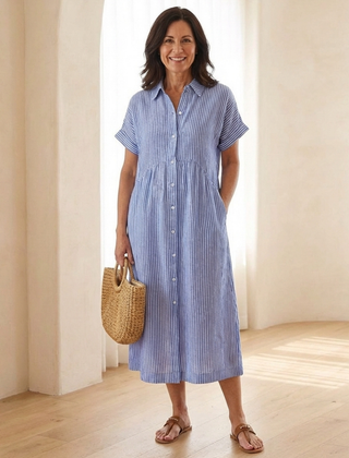 Rosamund | Gathered Waist Linen Midi Dress – Sky Blue
