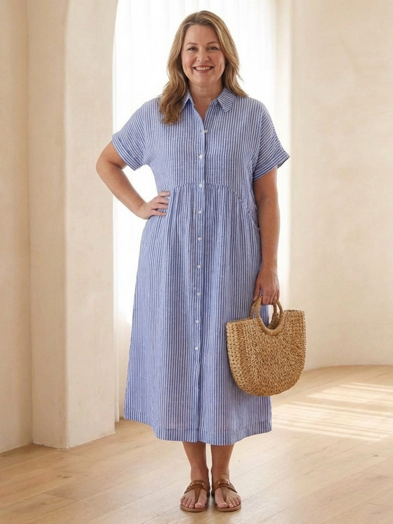 Rosamund | Gathered Waist Linen Midi Dress