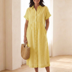 Rosamund | Gathered Waist Linen Midi Dress