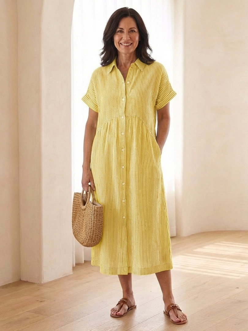 Rosamund | Gathered Waist Linen Midi Dress
