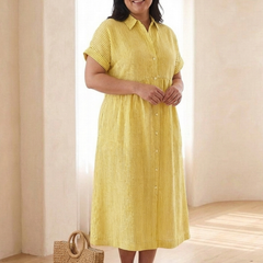 Rosamund | Gathered Waist Linen Midi Dress – Yellow
