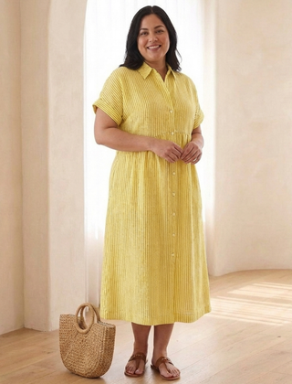 Rosamund | Gathered Waist Linen Midi Dress – Yellow