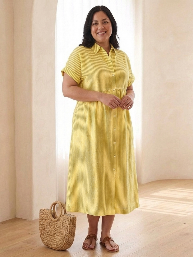 Rosamund | Gathered Waist Linen Midi Dress – Yellow
