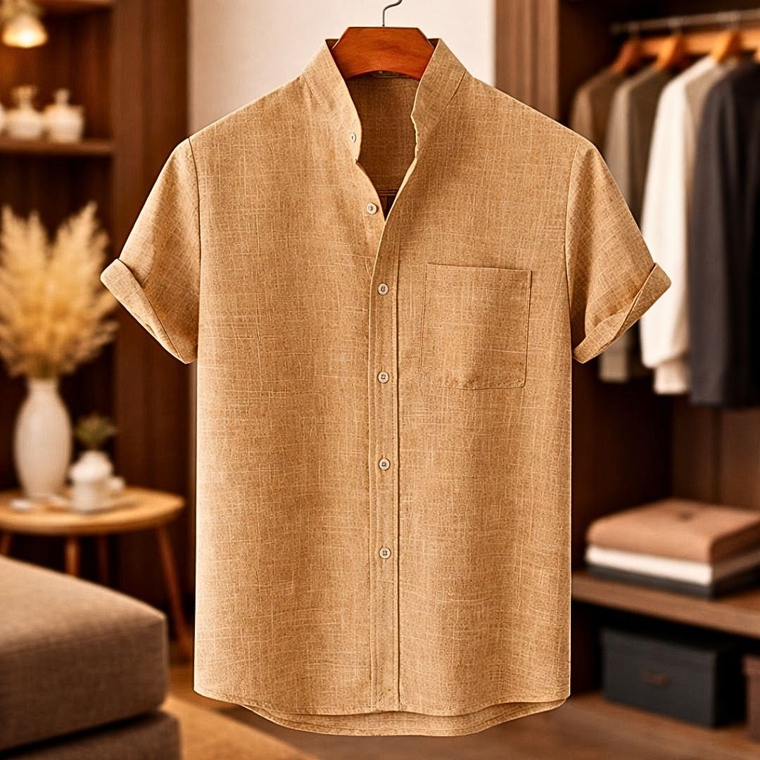 Finn | Short Sleeve Linen Shirt with Mandarin Collar – Khaki