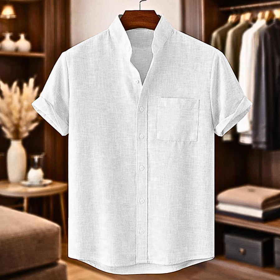 Finn | Short Sleeve Linen Shirt with Mandarin Collar – White
