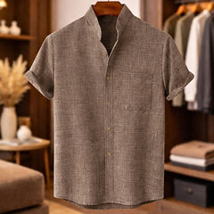 Finn | Short Sleeve Linen Shirt with Mandarin Collar – Brown