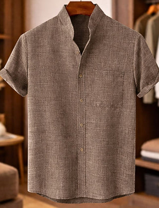 Finn | Short Sleeve Linen Shirt with Mandarin Collar – Brown