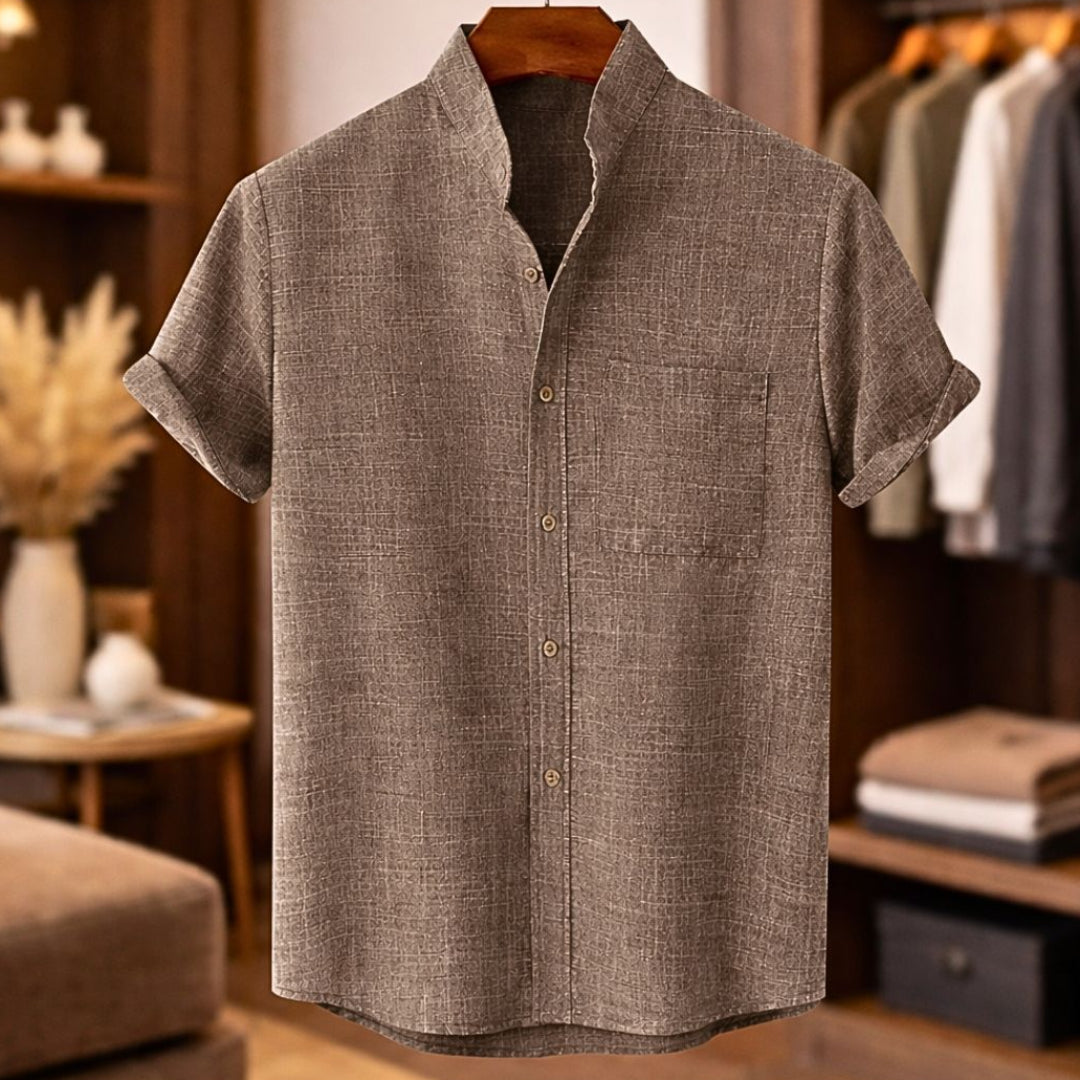 Finn | Short Sleeve Linen Shirt with Mandarin Collar – Brown