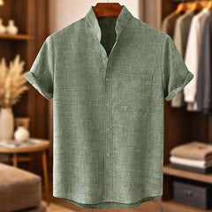 Finn | Short Sleeve Linen Shirt with Mandarin Collar – Green
