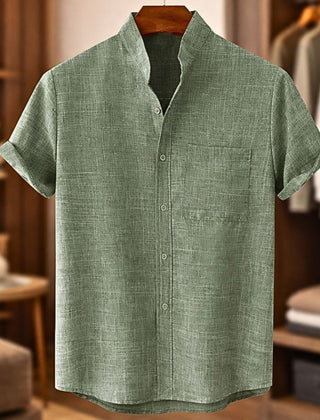 Finn | Short Sleeve Linen Shirt with Mandarin Collar – Green