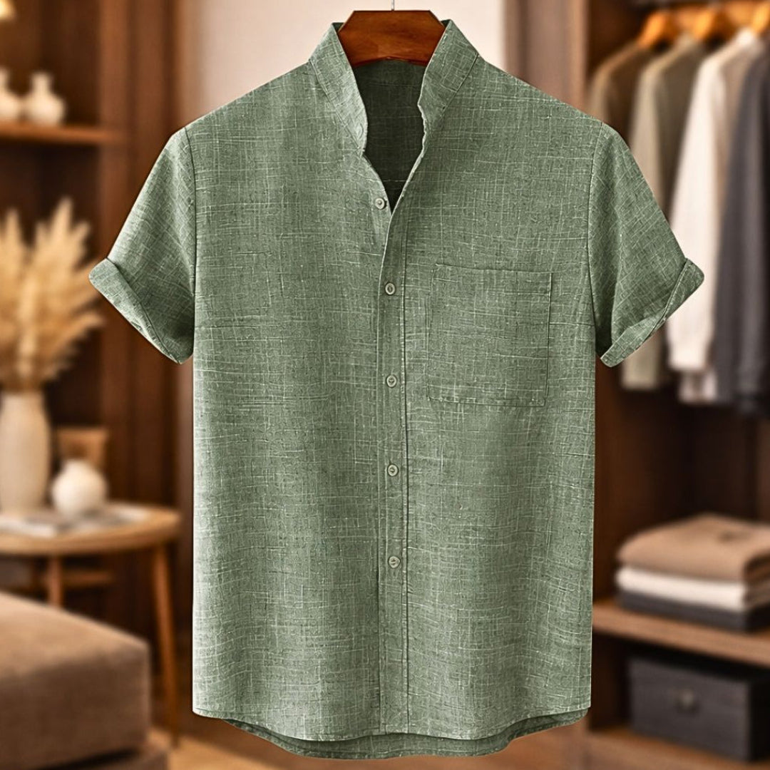 Finn | Short Sleeve Linen Shirt with Mandarin Collar – Green