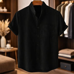 Finn | Short Sleeve Linen Shirt with Mandarin Collar – Black