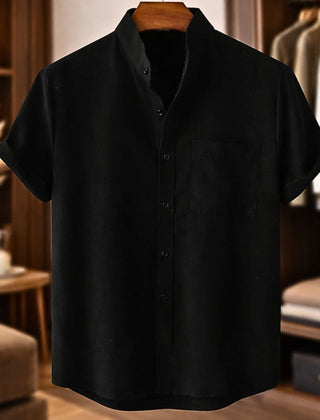 Finn | Short Sleeve Linen Shirt with Mandarin Collar – Black
