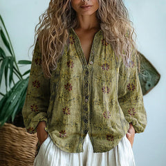 Carys | Retro Leaf Print Blouse – Green
