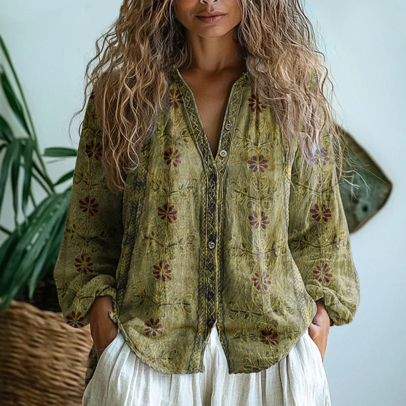 Carys | Retro Leaf Print Blouse – Green