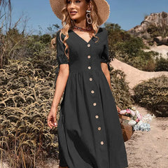 Marguerite | Puff Sleeve Button A-Line Sundress – Black