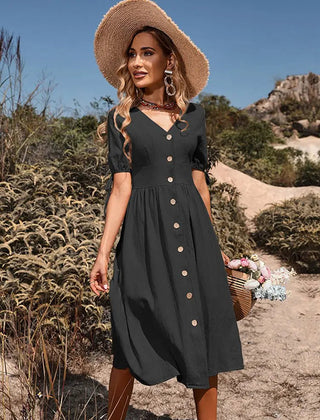 Marguerite | Puff Sleeve Button A-Line Sundress – Black